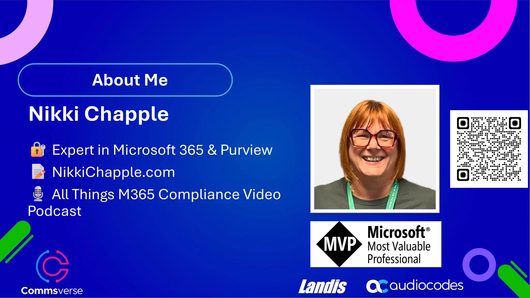 About Me Nikki Chapple Expert in Microsoft 365 & Purview NikkiChapple.com All Things M365 Compliance Video Podcast 