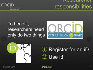 Researcher
responsibilities
8 March 2016 orcid.org 17
To benefit,
researchers need
only do two things
① Register for an iD
② Use it!
 