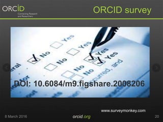 8 March 2016 orcid.org 20
ORCID survey
www.surveymonkey.com
DOI: 10.6084/m9.figshare.2008206)
 