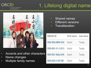 8
1. Lifelong digital name
• Accents and other characters
• Name changes
• Multiple family names
• Shared names
• Different versions
• Transliteration
 