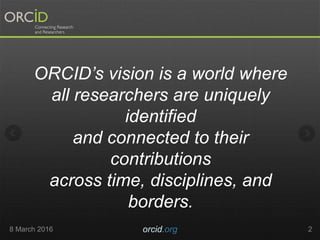 8 March 2016 orcid.org 2
ORCID’s vision is a world where
all researchers are uniquely
identified
and connected to their
co...