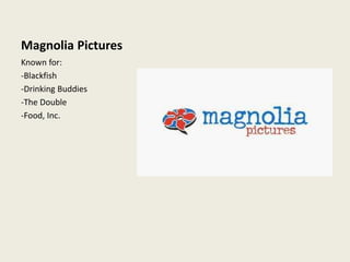 Magnolia Pictures
Known for:
-Blackfish
-Drinking Buddies
-The Double
-Food, Inc.
 