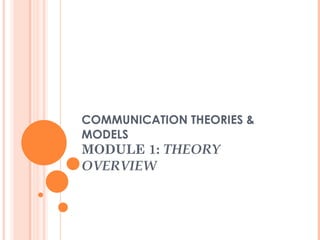 COMMUNICATION THEORIES & 
MODELS 
MODULE 1: THEORY 
OVERVIEW 
 