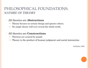 PHILOSOPHICAL FOUNDATIONS: 
NATURE OF THEORY 
○ All theories are Abstractions 
● Theory focuses on certain things and ignores others. 
● No single theory will ever reveal the whole truth. 
! 
○ All theories are Constructions 
● Theories are created by people 
● Theory is the product of human judgment and social interaction 
! 
○ Littlejohn, 2002 
 