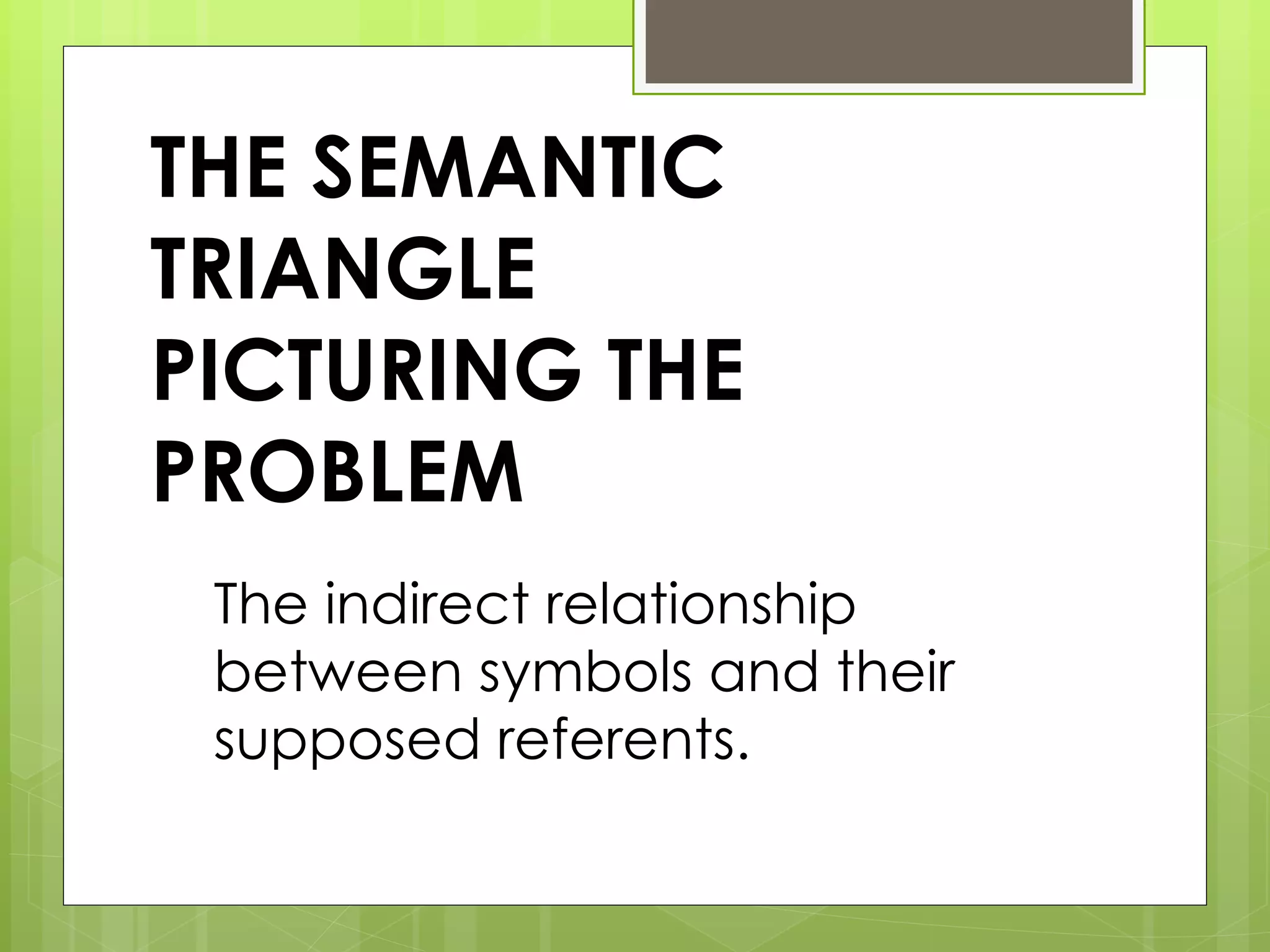 THE SEMANTIC TRIANGLE PICTURING THE PROBLEM The indirect relationship between symbols and their supposed referents. 