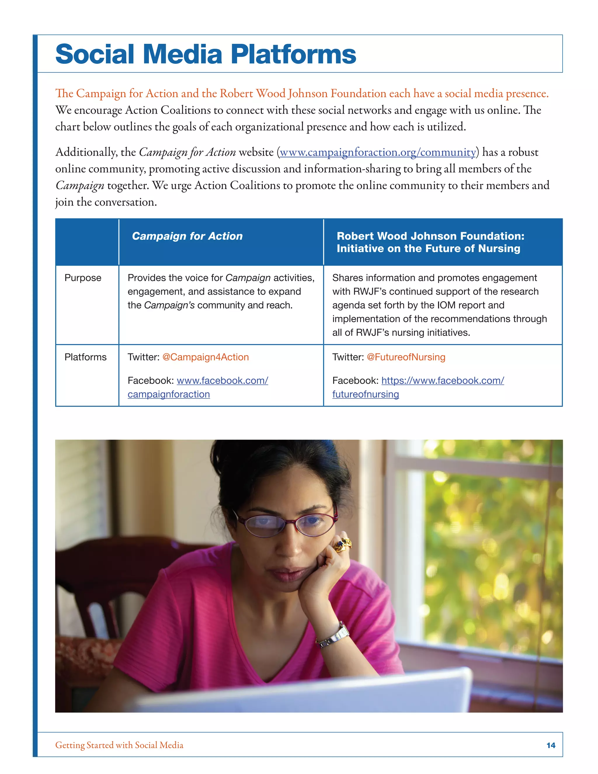 Getting Started with Social Media	 14
Social Media Platforms
The Campaign for Action and the Robert Wood Johnson Foundation each have a social media presence.
We encourage Action Coalitions to connect with these social networks and engage with us online. The
chart below outlines the goals of each organizational presence and how each is utilized.
Additionally, the Campaign for Action website (www.campaignforaction.org/community) has a robust
online community, promoting active discussion and information-sharing to bring all members of the
Campaign together. We urge Action Coalitions to promote the online community to their members and
join the conversation.
Campaign for Action Robert Wood Johnson Foundation:
Initiative on the Future of Nursing
Purpose Provides the voice for Campaign activities,
engagement, and assistance to expand
the Campaign’s community and reach.
Shares information and promotes engagement
with RWJF’s continued support of the research
agenda set forth by the IOM report and
implementation of the recommendations through
all of RWJF’s nursing initiatives.
Platforms Twitter: @Campaign4Action
Facebook: www.facebook.com/
campaignforaction
Twitter: @FutureofNursing
Facebook: https://www.facebook.com/
futureofnursing
 
