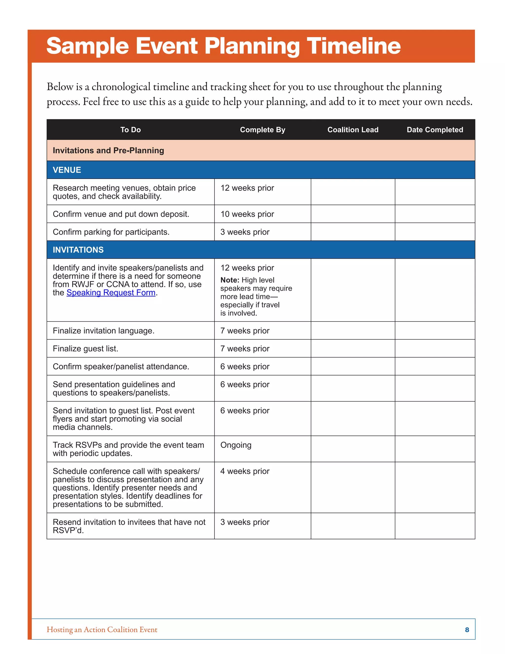 Hosting an Action Coalition Event	 8
Sample Event Planning Timeline
Below is a chronological timeline and tracking sheet for you to use throughout the planning
process. Feel free to use this as a guide to help your planning, and add to it to meet your own needs.
To Do Complete By Coalition Lead Date Completed
Invitations and Pre-Planning
VENUE
Research meeting venues, obtain price
quotes, and check availability.
12 weeks prior
Confirm venue and put down deposit. 10 weeks prior
Confirm parking for participants. 3 weeks prior
INVITATIONS
Identify and invite speakers/panelists and
determine if there is a need for someone
from RWJF or CCNA to attend. If so, use
the Speaking Request Form.
12 weeks prior
Note: High level
speakers may require
more lead time—
especially if travel
is involved.
Finalize invitation language. 7 weeks prior
Finalize guest list. 7 weeks prior
Confirm speaker/panelist attendance. 6 weeks prior
Send presentation guidelines and
questions to speakers/panelists.
6 weeks prior
Send invitation to guest list. Post event
flyers and start promoting via social
media channels.
6 weeks prior
Track RSVPs and provide the event team
with periodic updates.
Ongoing
Schedule conference call with speakers/
panelists to discuss presentation and any
questions. Identify presenter needs and
presentation styles. Identify deadlines for
presentations to be submitted.
4 weeks prior
Resend invitation to invitees that have not
RSVP’d.
3 weeks prior
 