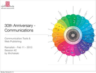 30th Anniversary -
       Communications
       Communication Tools &
       Web Publishing

       Ramallah - Feb 11 - 2013
       Session #2
       by @rchakaki




Monday, February 25, 13
 