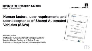 Institute for Transport Studies
FACULTY OF ENVIRONMENT
Human factors, user requirements and
user acceptance of Shared Automated
Vehicles (SAVs)
Natasha Merat
Professor, Human Factors of Transport Systems
Leader, Human Factors and Safety Group
Institute for Transport Studies, University of Leeds
 
