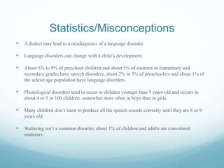 Statistics/Misconceptions
 A dialect may lead to a misdiagnosis of a language disorder.
 Language disorders can change with a child’s development.
 About 8% to 9% of preschool children and about 5% of students in elementary and
secondary grades have speech disorders, about 2% to 3% of preschoolers and about 1% of
the school age population have language disorders.
 Phonological disorders tend to occur in children younger than 9 years old and occurs in
about 4 or 5 in 100 children, somewhat more often in boys than in girls.
 Many children don’t learn to produce all the speech sounds correctly until they are 8 or 9
years old.
 Stuttering isn’t a common disorder, about 1% of children and adults are considered
stutterers.
 