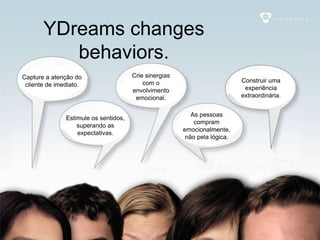 Comunicação Multissensorial:
Os novos rumos das linguagens publicitárias

           YDreams changes
              behaviors.
   Capture a atenção do                       Crie sinergias
                                                  com o                            Construir uma
    cliente de imediato.
                                              envolvimento                          experiência
                                               emocional.                          extraordinária.


                                                                  As pessoas
                     Estimule os sentidos,
                                                                   compram
                         superando as
                                                               emocionalmente,
                         expectativas.
                                                                não pela lógica.
 