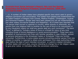 Excerpts from Asma Jahangir’s Report. She was the Special
Rapporteur for Religious Freedom, United Nations, 2009 after
her...