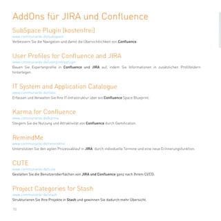 10
AddOns für JIRA und Confluence
SubSpace Plugin (kostenfrei)
Verbessern Sie die Navigation und damit die Übersichtlichkeit von Confluence.
www.communardo.de/subspace
User Profiles for Confluence and JIRA
Bauen Sie Expertenprofile in Confluence und JIRA auf, indem Sie Informationen in zusätzlichen Profilfeldern
hinterlegen.
www.communardo.de/userprofileplugin
IT System and Application Catalogue
Erfassen und Verwalten Sie Ihre IT-Infrastruktur über ein Confluence Space Blueprint.
www.communardo.de/itdoc
Karma for Confluence
Steigern Sie die Nutzung und Attraktivität von Confluence durch Gamification.
www.communardo.de/karma
RemindMe
Unterstützen Sie den agilen Prozessablauf in JIRA durch individuelle Termine und eine neue Erinnerungsfunktion.
www.communardo.de/remindme
CUTE
Gestalten Sie die Benutzeroberflächen von JIRA und Confluence ganz nach Ihrem CI/CD.
www.communardo.de/cute
Project Categories for Stash
Strukturieren Sie Ihre Projekte in Stash und gewinnen Sie dadurch mehr Übersicht.
www.communardo.de/stash
 