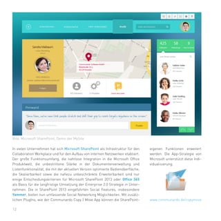 12
In vielen Unternehmen hat sich Microsoft SharePoint als Infrastruktur für den
Collaboration Workplace und für den Aufbau von internen Netzwerken etabliert.
Der große Funktionsumfang, die nahtlose Integration in die Microsoft Office
Produktwelt, die unbestrittene Stärke in der Dokumentenverwaltung und
Listenfunktionalität, die mit der aktuellen Version optimierte Bedienoberfläche,
die Skalierbarkeit sowie die nahezu unbeschränkte Erweiterbarkeit sind nur
einige Entscheidungskriterien für Microsoft SharePoint 2013 oder Office 365
als Basis für die langfristige Umsetzung der Enterprise 2.0 Strategie in Unter-
nehmen. Die in SharePoint 2013 eingeführten Social Features, insbesondere
Yammer, bieten nun umfassende Social Networking Möglichkeiten. Mit zusätz-
lichen PlugIns, wie der Communardo Copy | Move App können die SharePoint-
eigenen Funktionen erweitert
werden. Die App-Strategie von
Microsoft unterstützt diese Indi-
vidualisierung.
Bild: Microsoft SharePoint, Demo der MySite
www.communardo.de/copymove
 