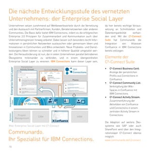 18
Die nächste Entwicklungsstufe des vernetzten
Unternehmens: der Enterprise Social Layer
Unternehmen setzen zunehmend auf Wettbewerbsvorteile durch die Vernetzung
und den Austausch mit Partnerfirmen, Kunden, Beraternetzwerken oder anderen
Communities. Die Basis dafür bietet IBM Connections, indem es die erfolgreichen
Enterprise 2.0 Prinzipien für Zusammenarbeit und Kommunikation auch über
Unternehmensgrenzen hinweg anbietet. Dabei lassen sich besonders leicht Infor-
mationen in persönlichen Netzwerken austauschen oder gemeinsam Ideen und
Innovationen in Communities und Wikis entwickeln. Neue Produkte- und Dienst-
leistungens-Ideen können so schneller und in höherer Qualität umgesetzt wer-
den. Die Herausforderung ist nun, die in vielen Unternehmen parallel betriebenen
Ökosysteme miteinander zu verbinden, und in einem übergeordneten
Enterprise Social Layer zu vereinen. IBM Connections kann dieser Layer sein,
Communardo.
Ihr Spezialist für IBM Connections.
Elemente der
C²-Connect Suite
•	 C²-Connect Business Card:
Anzeige der persönlichen
Profils aus Connections in
Confluence
•	 C²-Connect Community List:
Verknüpfung der Wiki-
Spaces in Confluence mit
IBM Connections
•	 C²-Connect Activity Stream:
Zusammenführung der
Aktivitäten von Confluence
und Connections in einem
zentralen Activity Stream in
Connections
Die Adaption auf weitere Öko-
systeme wie SAP oder auch
SharePoint wird über den Integ-
rationslayer C²-Connect ebenso
möglich.
da hier bereits wichtige Voraus-
setzung an Schnittstellen und
Datenkompatibilität vorhan-
den sind. Mit der C²-Connect
Suite hat Communardo die
Integration von Atlassian
Confluence in IBM Connections
bereits vollzogen.
www.communardo.de/c2connect
Bild: Enterprise Social Layer mit C²-Connect
 