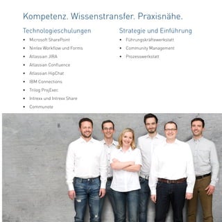 Kompetenz. Wissenstransfer. Praxisnähe.
Technologieschulungen
•	 Microsoft SharePoint
•	 Nintex Workflow und Forms
•	 Atlassian JIRA
•	 Atlassian Confluence
•	 Atlassian HipChat
•	 IBM Connections
•	 Trilog ProjExec
•	 Intrexx und Intrexx Share
•	 Communote
Strategie und Einführung
•	 Führungskräftewerkstatt
•	 Community Management
•	 Prozesswerkstatt
www.communardo.de/academy
23
 