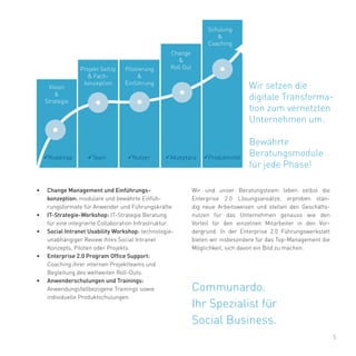 5
Wir und unser Beratungsteam leben selbst die
Enterprise 2.0 Lösungsansätze, erproben stän-
dig neue Arbeitsweisen und stellen den Geschäfts-
nutzen für das Unternehmen genauso wie den
Vorteil für den einzelnen Mitarbeiter in den Vor-
dergrund. In der Enterprise 2.0 Führungswerkstatt
bieten wir insbesondere für das Top-Management die
Möglichkeit, sich davon ein Bild zu machen.
Communardo.
Ihr Spezialist für
Social Business.
•	 Change Management und Einführungs-
konzeption: modulare und bewährte Einfüh-
rungsformate für Anwender und Führungskräfte.
•	 IT-Strategie-Workshop: IT-Strategie Beratung
für eine integrierte Collaboration Infrastruktur.
•	 Social Intranet Usability Workshop: technologie-
unabhängiger Review ihres Social Intranet
Konzepts, Piloten oder Projekts.
•	 Enterprise 2.0 Program Office Support:
Coaching ihrer internen Projektteams und
Begleitung des weltweiten Roll-Outs.
•	 Anwenderschulungen und Trainings:
Anwendungsfallbezogene Trainings sowie
individuelle Produktschulungen.
Vision
&
Strategie
Projekt SetUp
& Fach-
konzeption
Pilotierung
&
Einführung
Change
&
Roll Out
Schulung
&
Coaching
Wir setzen die
digitale Transforma-
tion zum vernetzten
Unternehmen um.
Bewährte
Beratungsmodule
für jede Phase!
Roadmap Team Nutzer Akzeptanz Produktivität
 