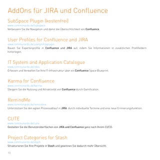 10
AddOns für JIRA und Confluence
SubSpace Plugin (kostenfrei)
Verbessern Sie die Navigation und damit die Übersichtlichkeit von Confluence.
www.communardo.de/subspace
User Profiles for Confluence and JIRA
Bauen Sie Expertenprofile in Confluence und JIRA auf, indem Sie Informationen in zusätzlichen Profilfeldern
hinterlegen.
www.communardo.de/userprofileplugin
IT System and Application Catalogue
Erfassen und Verwalten Sie Ihre IT-Infrastruktur über ein Confluence Space Blueprint.
www.communardo.de/itdoc
Karma for Confluence
Steigern Sie die Nutzung und Attraktivität von Confluence durch Gamification.
www.communardo.de/karma
RemindMe
Unterstützen Sie den agilen Prozessablauf in JIRA durch individuelle Termine und eine neue Erinnerungsfunktion.
www.communardo.de/remindme
CUTE
Gestalten Sie die Benutzeroberflächen von JIRA und Confluence ganz nach Ihrem CI/CD.
www.communardo.de/cute
Project Categories for Stash
Strukturieren Sie Ihre Projekte in Stash und gewinnen Sie dadurch mehr Übersicht.
www.communardo.de/stash
 