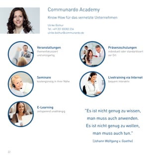 Ulrike Bothur
Tel: +49 351 83382 234
ulrike.bothur@communardo.de
22
Communardo Academy
Know How für das vernetzte Unternehmen
"Es ist nicht genug zu wissen,
man muss auch anwenden.
Es ist nicht genug zu wollen,
man muss auch tun."
(Johann Wolfgang v. Goethe)
Veranstaltungen
themenfokussiert
und einzigartig
Präsenzschulungen
individuell oder standardisiert
vor Ort
Seminare
kostengünstig in ihrer Nähe
Livetraining via Internet
bequem interaktiv
E-Learning
zeitsparend unabhängig
 