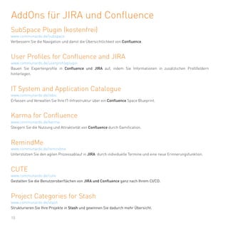 10
AddOns für JIRA und Confluence
SubSpace Plugin (kostenfrei)
Verbessern Sie die Navigation und damit die Übersichtlichke...