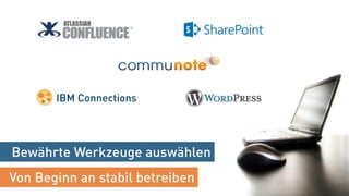 Die Zeit ist reif
„Think big, start small“
Pilotgruppen mit Multiplikatoren
bilden und Erfahrungen sammeln
Persönliches mit
organisationalem Wissens-
management verbinden
Top-Management einbinden
Kodifizierung und
Vernetzung kombinieren
 