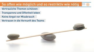 Regeln vereinbaren und durchsetzen
Eingesetzte Medien/Systeme vorgeben
Abweichungen „sanft sanktionieren“
Form, Häufigkeit, Inhalt vereinbaren
 