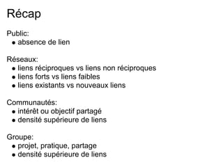 Récap
Public:
   absence de lien

Réseaux:
  liens réciproques vs liens non réciproques
  liens forts vs liens faibles
  liens existants vs nouveaux liens

Communautés:
  intérêt ou objectif partagé
  densité supérieure de liens

Groupe:
   projet, pratique, partage
   densité supérieure de liens
 