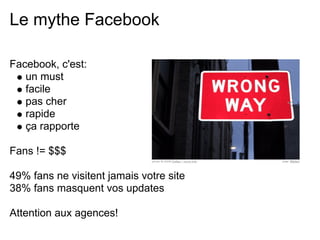 Le mythe Facebook

Facebook, c'est:
   un must
   facile
   pas cher
   rapide
   ça rapporte

Fans != $$$

49% fans ne visitent jamais votre site
38% fans masquent vos updates

Attention aux agences!
 