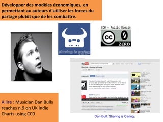 Développer des modèles économiques, en
permettant au auteurs d'utiliser les forces du
partage plutôt que de les combattre.




A lire : Musician Dan Bulls
reaches n.9 on UK indie
Charts using CC0                                 Dan Bull. Sharing is Caring.
 