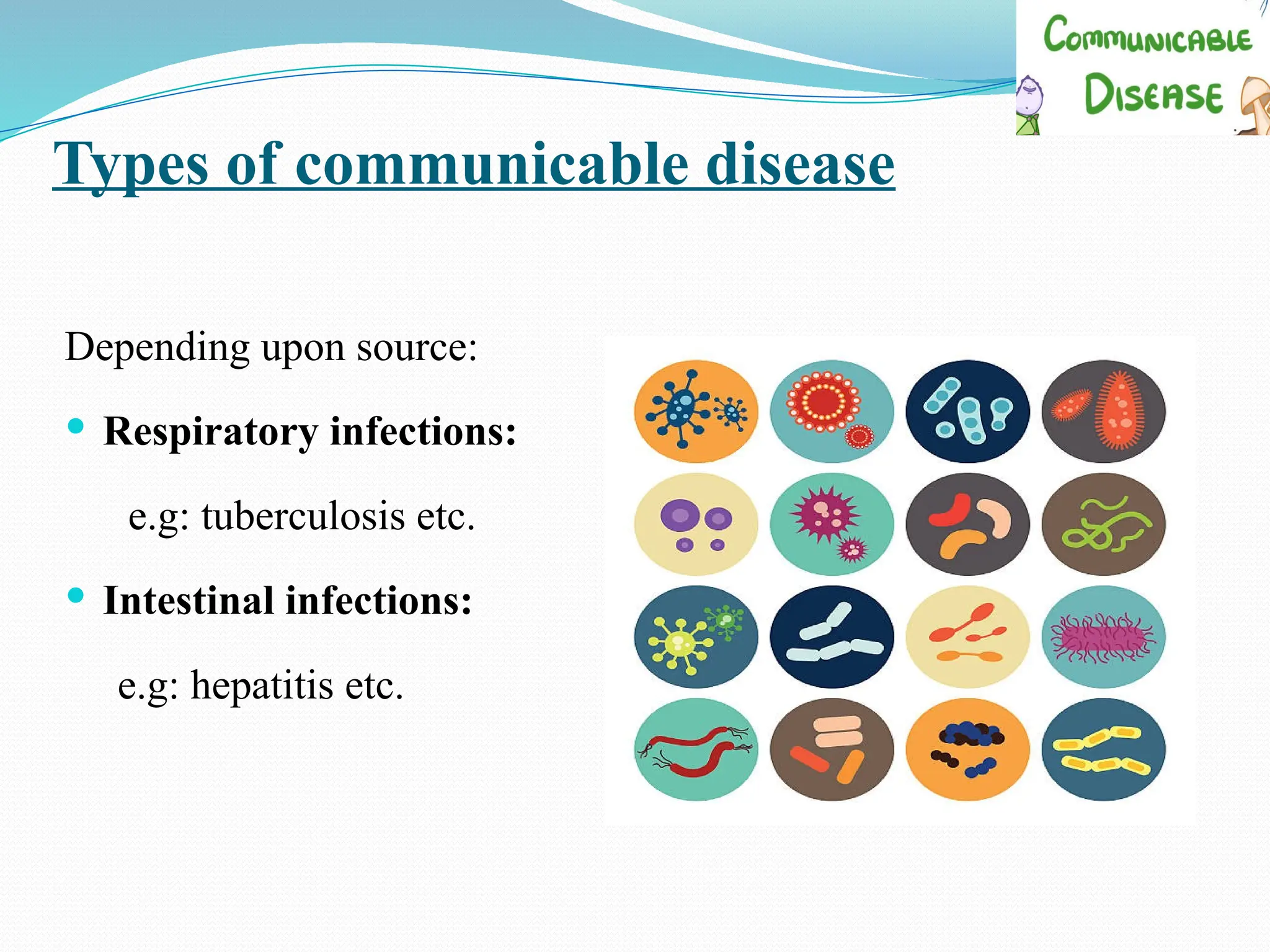 Types of communicable disease
Depending upon source:
 Respiratory infections:
e.g: tuberculosis etc.
 Intestinal infections:
e.g: hepatitis etc.
 
