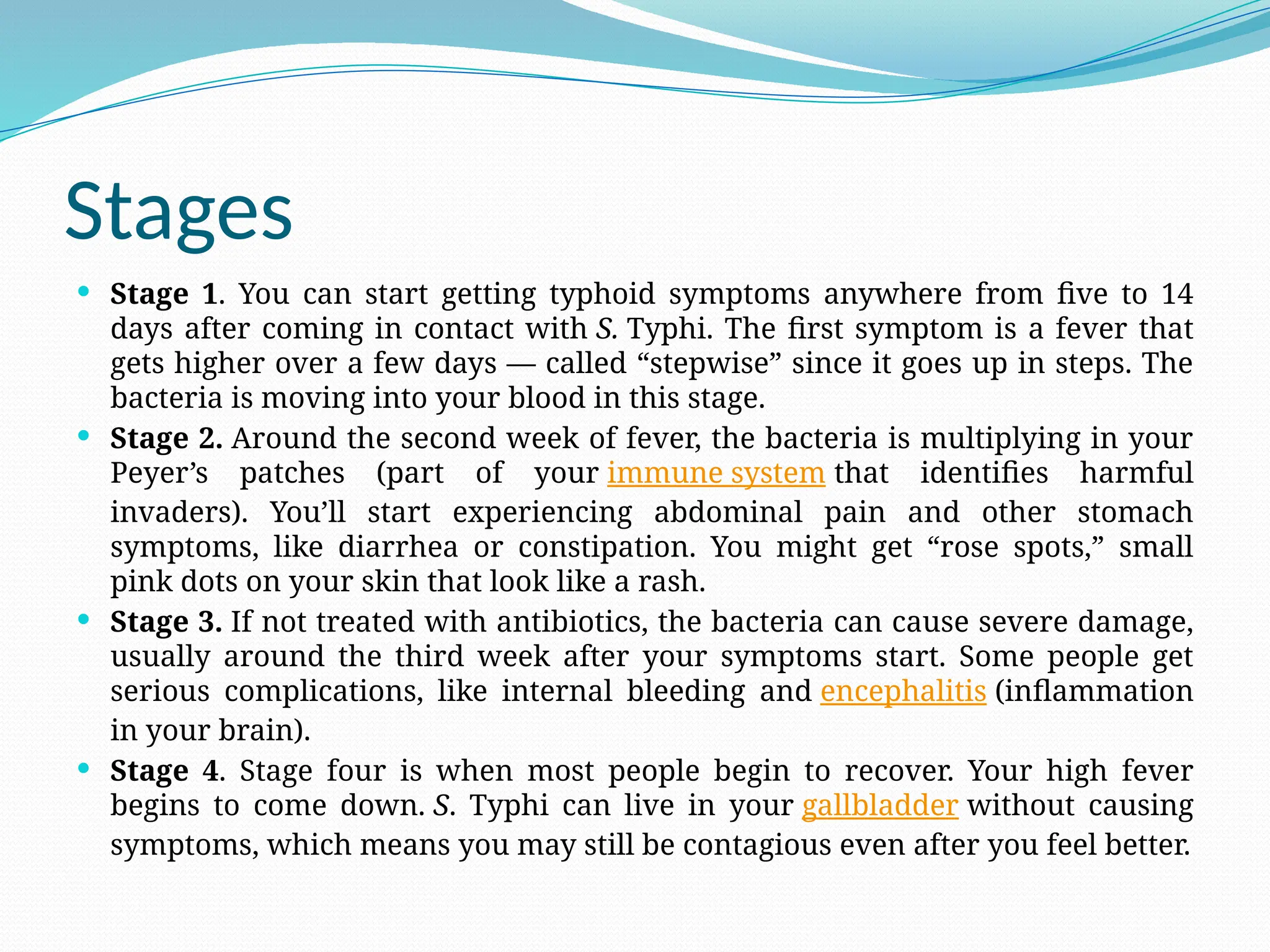 Stages
 Stage 1. You can start getting typhoid symptoms anywhere from five to 14
days after coming in contact with S. Typhi. The first symptom is a fever that
gets higher over a few days — called “stepwise” since it goes up in steps. The
bacteria is moving into your blood in this stage.
 Stage 2. Around the second week of fever, the bacteria is multiplying in your
Peyer’s patches (part of your immune system that identifies harmful
invaders). You’ll start experiencing abdominal pain and other stomach
symptoms, like diarrhea or constipation. You might get “rose spots,” small
pink dots on your skin that look like a rash.
 Stage 3. If not treated with antibiotics, the bacteria can cause severe damage,
usually around the third week after your symptoms start. Some people get
serious complications, like internal bleeding and encephalitis (inflammation
in your brain).
 Stage 4. Stage four is when most people begin to recover. Your high fever
begins to come down. S. Typhi can live in your gallbladder without causing
symptoms, which means you may still be contagious even after you feel better.
 