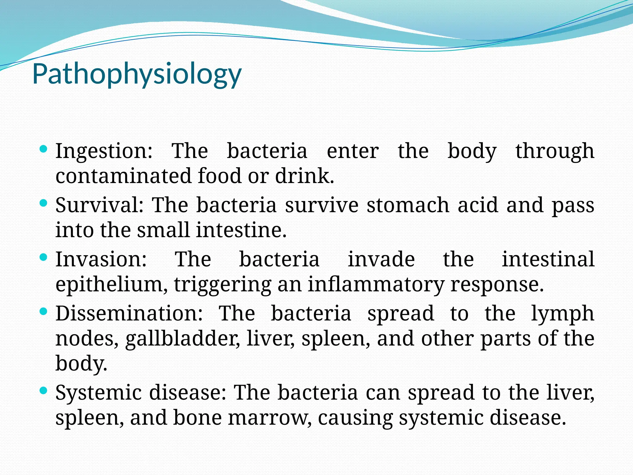 Pathophysiology
 Ingestion: The bacteria enter the body through
contaminated food or drink.
 Survival: The bacteria survive stomach acid and pass
into the small intestine.
 Invasion: The bacteria invade the intestinal
epithelium, triggering an inflammatory response.
 Dissemination: The bacteria spread to the lymph
nodes, gallbladder, liver, spleen, and other parts of the
body.
 Systemic disease: The bacteria can spread to the liver,
spleen, and bone marrow, causing systemic disease.
 