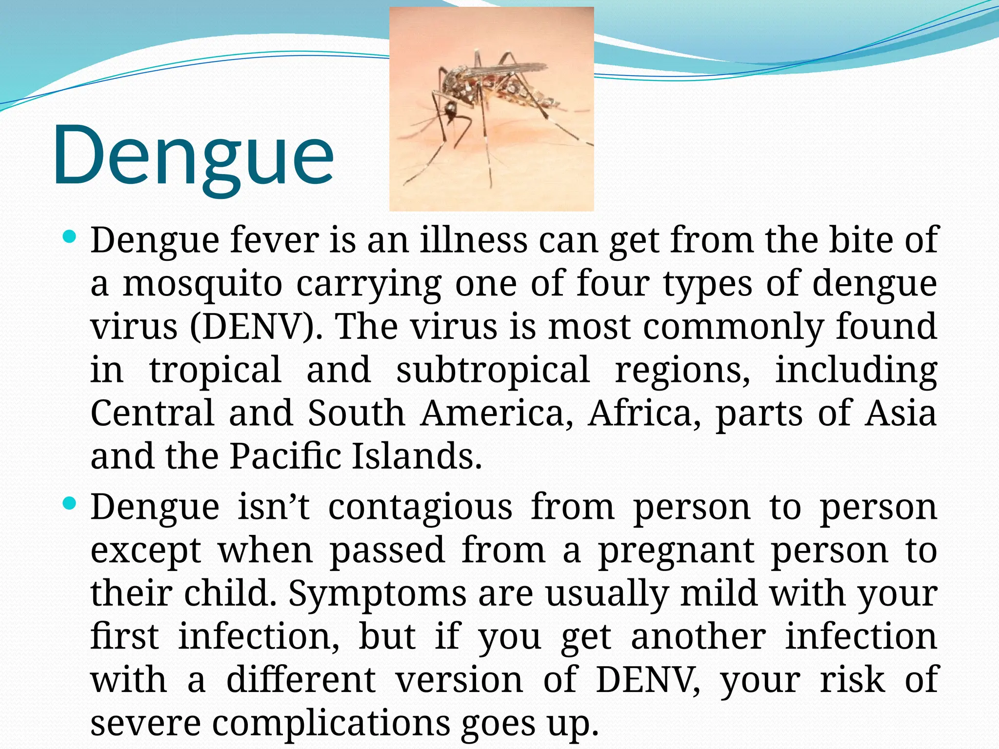 Dengue
 Dengue fever is an illness can get from the bite of
a mosquito carrying one of four types of dengue
virus (DENV). The virus is most commonly found
in tropical and subtropical regions, including
Central and South America, Africa, parts of Asia
and the Pacific Islands.
 Dengue isn’t contagious from person to person
except when passed from a pregnant person to
their child. Symptoms are usually mild with your
first infection, but if you get another infection
with a different version of DENV, your risk of
severe complications goes up.
 