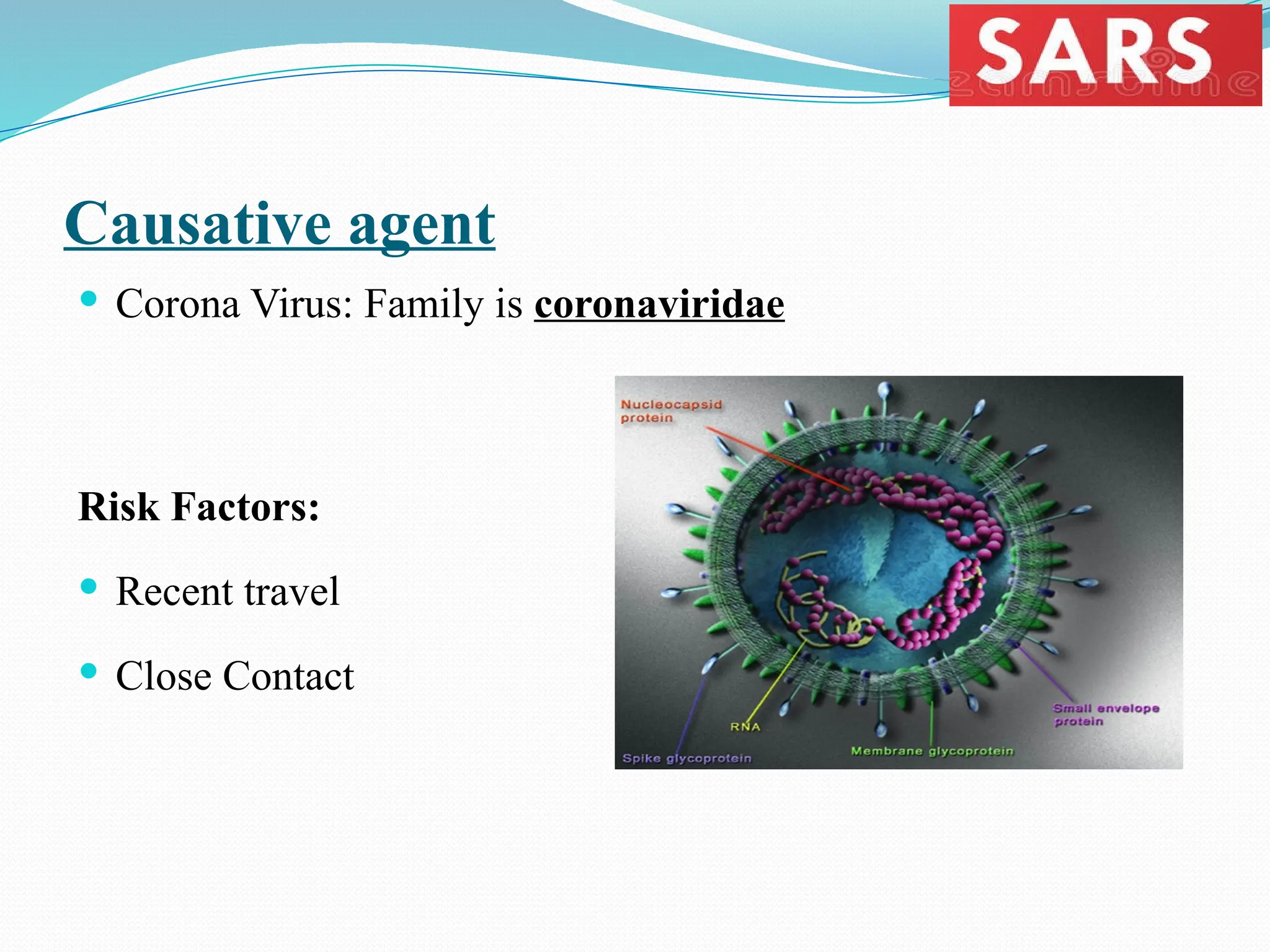 Causative agent
 Corona Virus: Family is coronaviridae
Risk Factors:
 Recent travel
 Close Contact
 