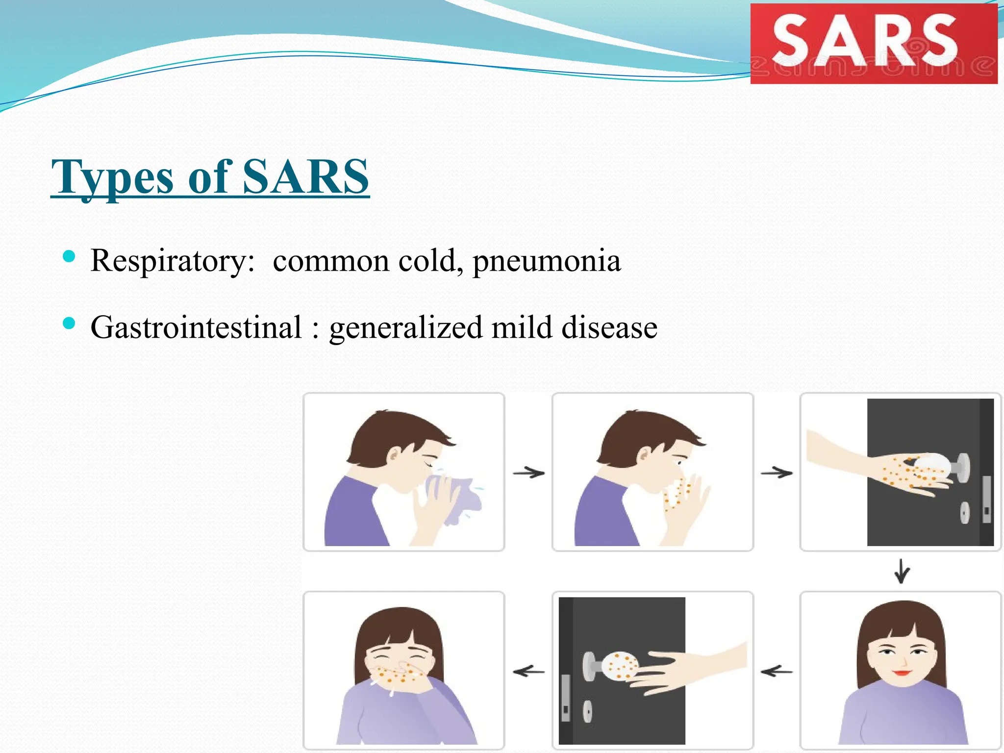 Types of SARS
 Respiratory: common cold, pneumonia
 Gastrointestinal : generalized mild disease
 