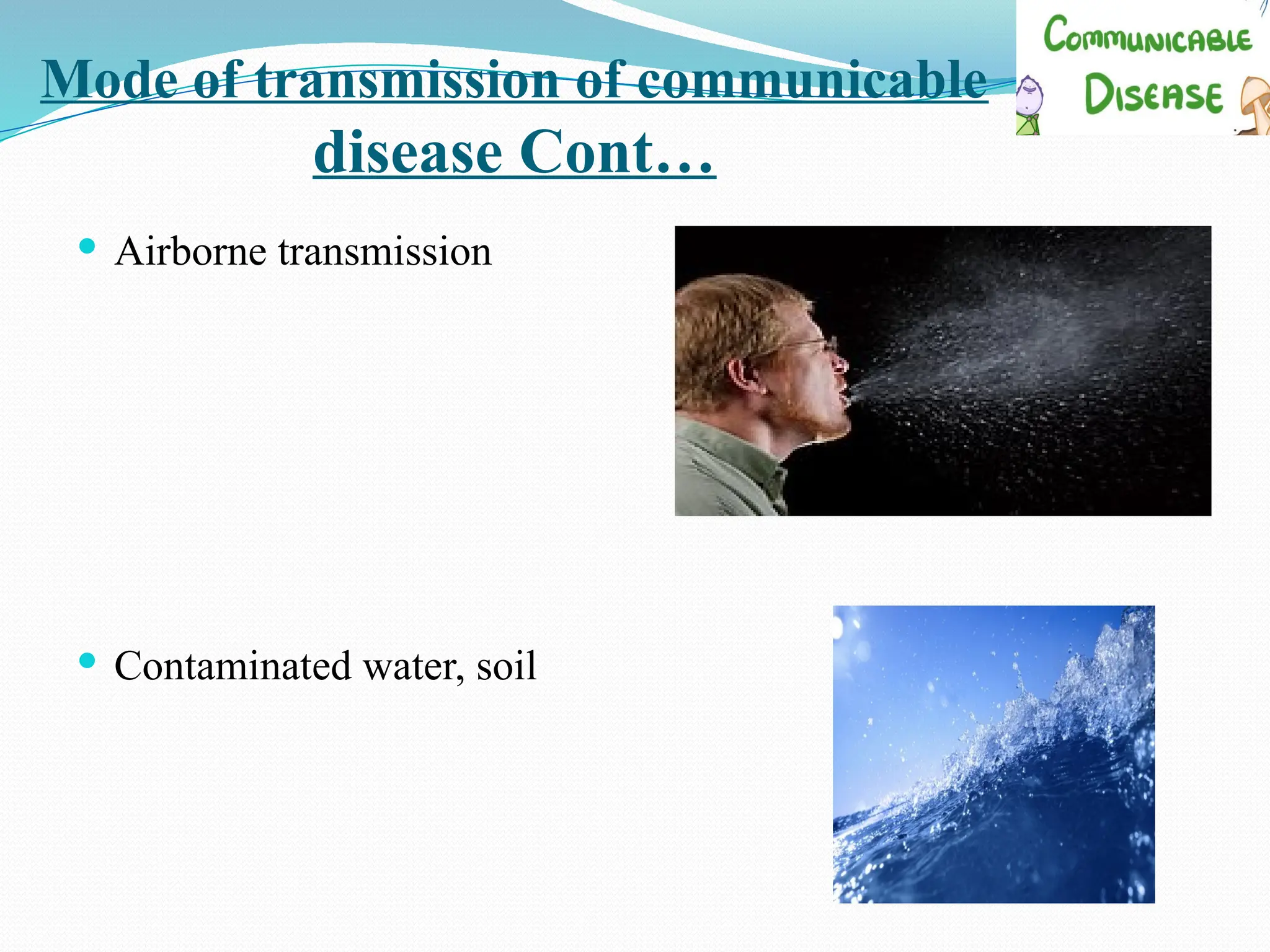 Mode of transmission of communicable
disease Cont…
 Airborne transmission
 Contaminated water, soil
 