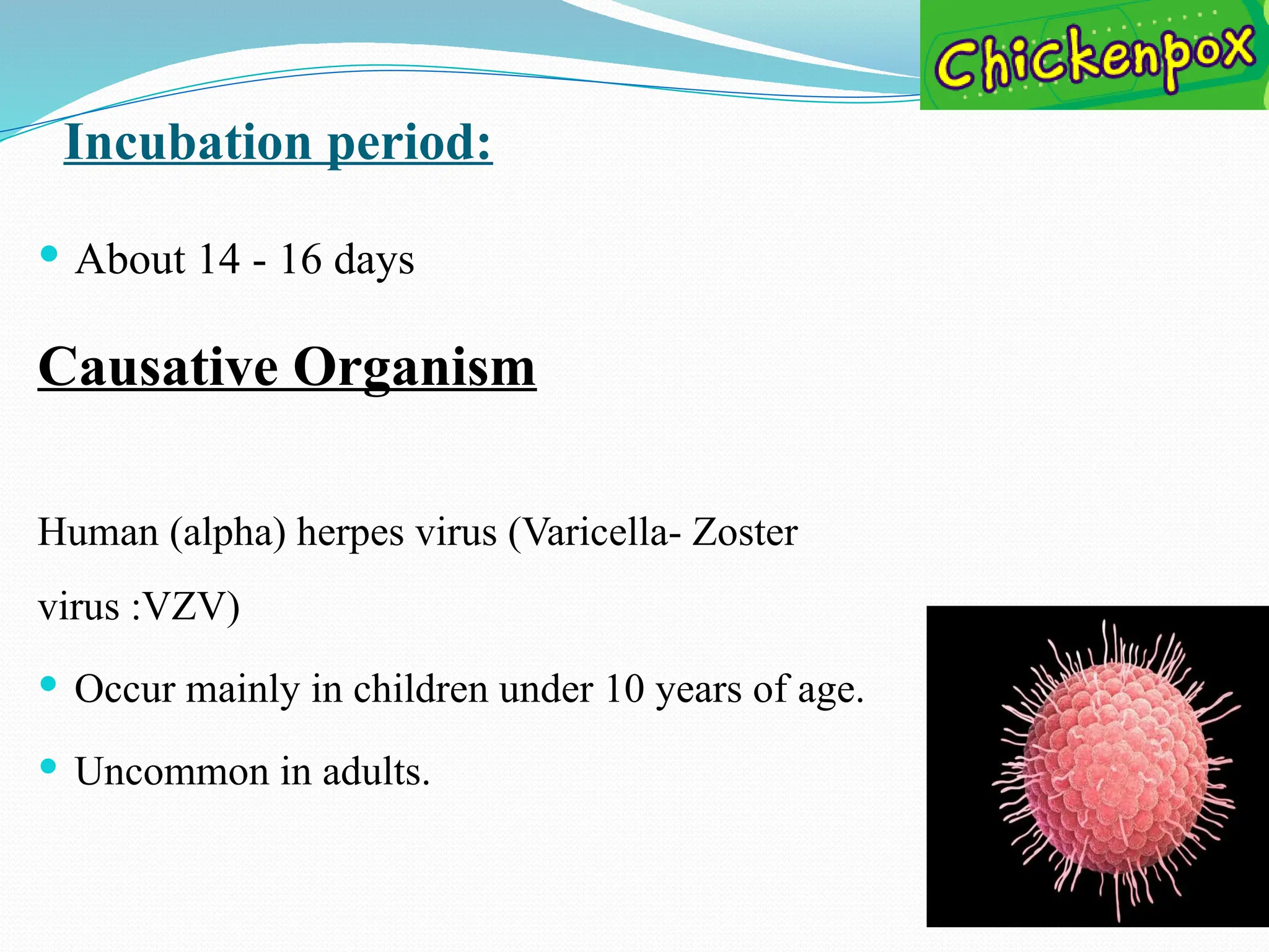 Incubation period:
 About 14 - 16 days
Causative Organism
Human (alpha) herpes virus (Varicella- Zoster
virus :VZV)
 Occur mainly in children under 10 years of age.
 Uncommon in adults.
 