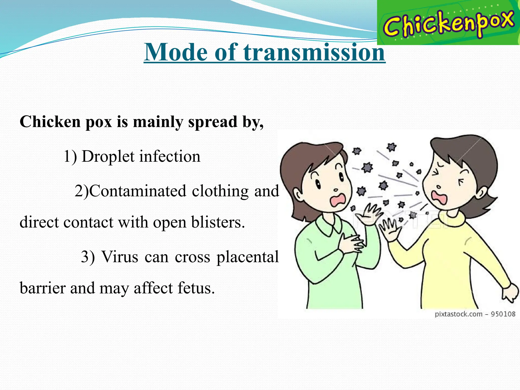 Mode of transmission
Chicken pox is mainly spread by,
1) Droplet infection
2)Contaminated clothing and
direct contact with open blisters.
3) Virus can cross placental
barrier and may affect fetus.
 