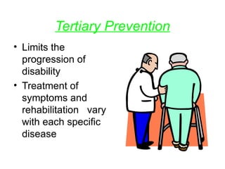 Tertiary Prevention Limits the progression of disability Treatment of symptoms and rehabilitation  vary with each specific disease 