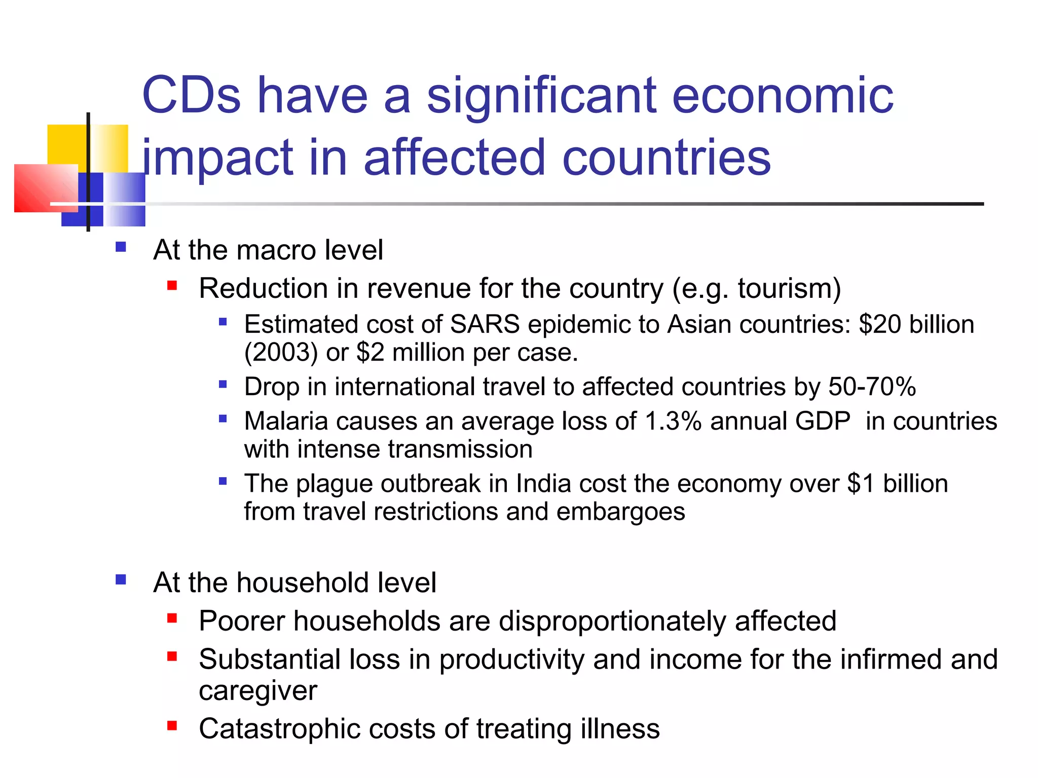 CDs have a significant economic
impact in affected countries
 At the macro level
 Reduction in revenue for the country (e.g. tourism)

Estimated cost of SARS epidemic to Asian countries: $20 billion
(2003) or $2 million per case.

Drop in international travel to affected countries by 50-70%

Malaria causes an average loss of 1.3% annual GDP in countries
with intense transmission

The plague outbreak in India cost the economy over $1 billion
from travel restrictions and embargoes
 At the household level
 Poorer households are disproportionately affected
 Substantial loss in productivity and income for the infirmed and
caregiver
 Catastrophic costs of treating illness
 