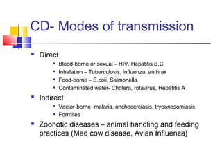 CD- Modes of transmission
 Direct

Blood-borne or sexual – HIV, Hepatitis B,C

Inhalation – Tuberculosis, influenza, anthrax

Food-borne – E.coli, Salmonella,

Contaminated water- Cholera, rotavirus, Hepatitis A
 Indirect

Vector-borne- malaria, onchocerciasis, trypanosomiasis

Formites
 Zoonotic diseases – animal handling and feeding
practices (Mad cow disease, Avian Influenza)
 