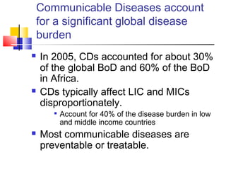 Communicable Diseases account
for a significant global disease
burden
 In 2005, CDs accounted for about 30%
of the global BoD and 60% of the BoD
in Africa.
 CDs typically affect LIC and MICs
disproportionately.

Account for 40% of the disease burden in low
and middle income countries
 Most communicable diseases are
preventable or treatable.
 