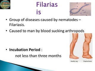 • Group of diseases caused by nematodes –
Filariasis.
• Caused to man by blood sucking arthropods
• Incubation Period :
not less than three months
 