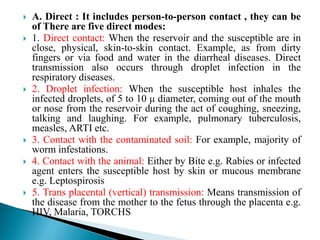  A. Direct : It includes person-to-person contact , they can be
of There are five direct modes:
 1. Direct contact: When the reservoir and the susceptible are in
close, physical, skin-to-skin contact. Example, as from dirty
fingers or via food and water in the diarrheal diseases. Direct
transmission also occurs through droplet infection in the
respiratory diseases.
 2. Droplet infection: When the susceptible host inhales the
infected droplets, of 5 to 10 μ diameter, coming out of the mouth
or nose from the reservoir during the act of coughing, sneezing,
talking and laughing. For example, pulmonary tuberculosis,
measles, ARTI etc.
 3. Contact with the contaminated soil: For example, majority of
worm infestations.
 4. Contact with the animal: Either by Bite e.g. Rabies or infected
agent enters the susceptible host by skin or mucous membrane
e.g. Leptospirosis
 5. Trans placental (vertical) transmission: Means transmission of
the disease from the mother to the fetus through the placenta e.g.
HIV, Malaria, TORCHS
 