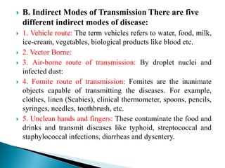  B. Indirect Modes of Transmission There are five
different indirect modes of disease:
 1. Vehicle route: The term vehicles refers to water, food, milk,
ice-cream, vegetables, biological products like blood etc.
 2. Vector Borne:
 3. Air-borne route of transmission: By droplet nuclei and
infected dust:
 4. Fomite route of transmission: Fomites are the inanimate
objects capable of transmitting the diseases. For example,
clothes, linen (Scabies), clinical thermometer, spoons, pencils,
syringes, needles, toothbrush, etc.
 5. Unclean hands and fingers: These contaminate the food and
drinks and transmit diseases like typhoid, streptococcal and
staphylococcal infections, diarrheas and dysentery.
 
