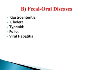  Gastroenteritis:
 Cholera
 Typhoid:
 Polio:
 Viral Hepatitis
 
