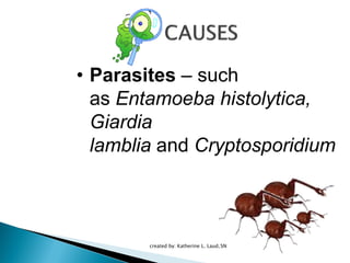 • Parasites – such
as Entamoeba histolytica,
Giardia
lamblia and Cryptosporidium
created by: Katherine L. Laud,SN
 