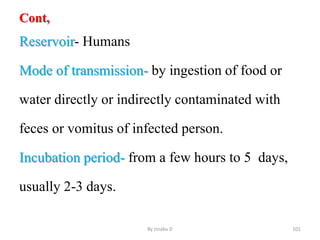 Cont,
Reservoir- Humans
Mode of transmission- by ingestion of food or
water directly or indirectly contaminated with
feces or vomitus of infected person.
Incubation period- from a few hours to 5 days,
usually 2-3 days.
By zinabu D 101
 