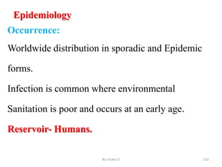 Epidemiology
Occurrence:
Worldwide distribution in sporadic and Epidemic
forms.
Infection is common where environmental
Sanitation is poor and occurs at an early age.
Reservoir- Humans.
By zinabu D 110
 