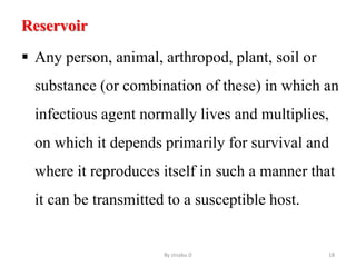 Reservoir
 Any person, animal, arthropod, plant, soil or
substance (or combination of these) in which an
infectious agent normally lives and multiplies,
on which it depends primarily for survival and
where it reproduces itself in such a manner that
it can be transmitted to a susceptible host.
By zinabu D 18
 